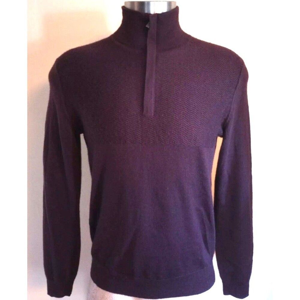 Calvin Klein Mens Quarter Zip Long Sleeve Knit Sweater Brown Size M Wool Blend